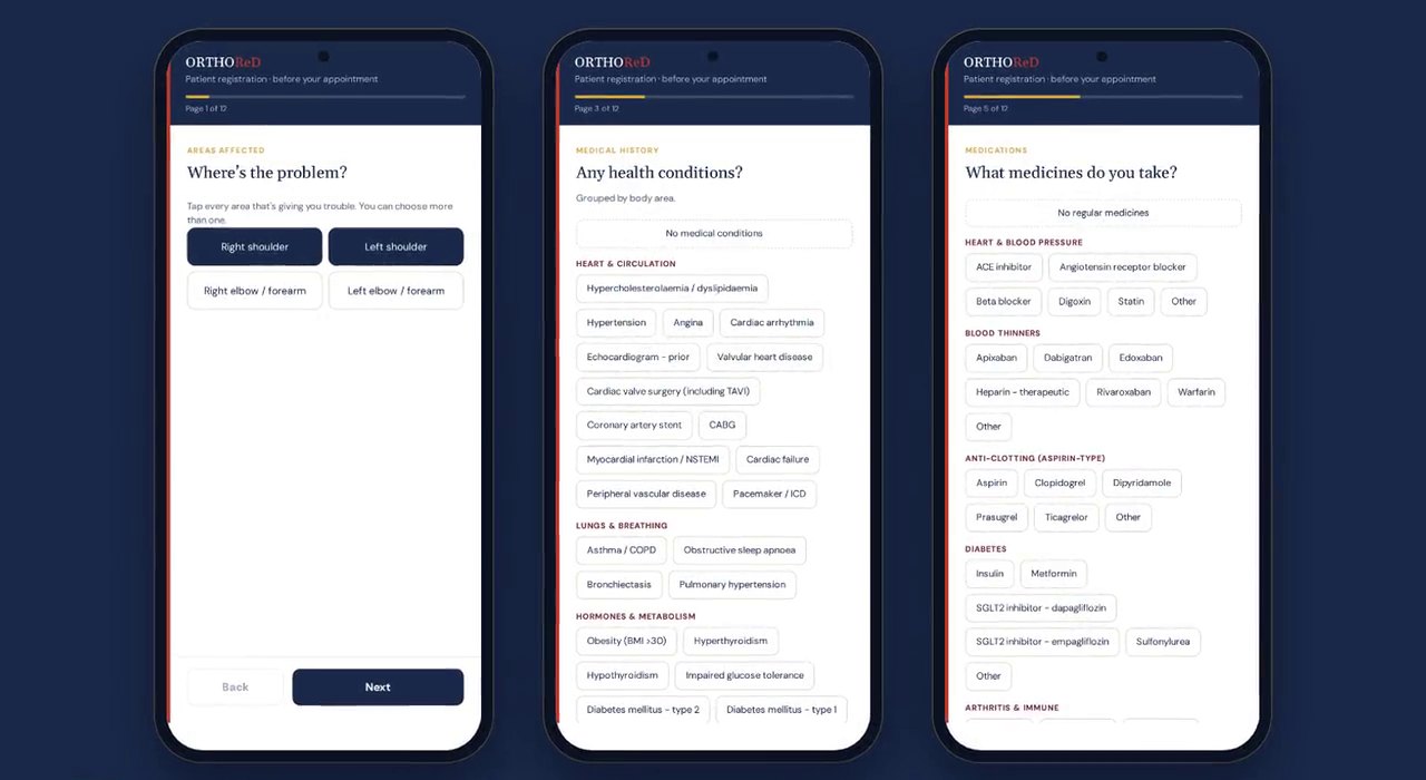 The ORTHOReD patient registration form on three phone screens